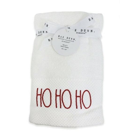NEW Rae Dunn Christmas Hand Towels HO HO HO Set of 2 White Red Embroidered - Picture 2 of 5